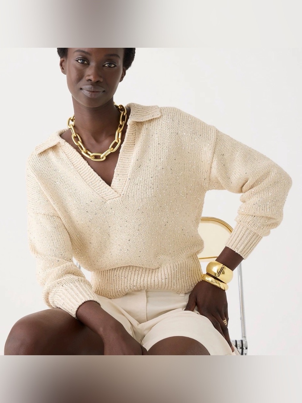 J.Crew Sequin Sweater Polo Ivory Cream Collared Knit Sweater Size S